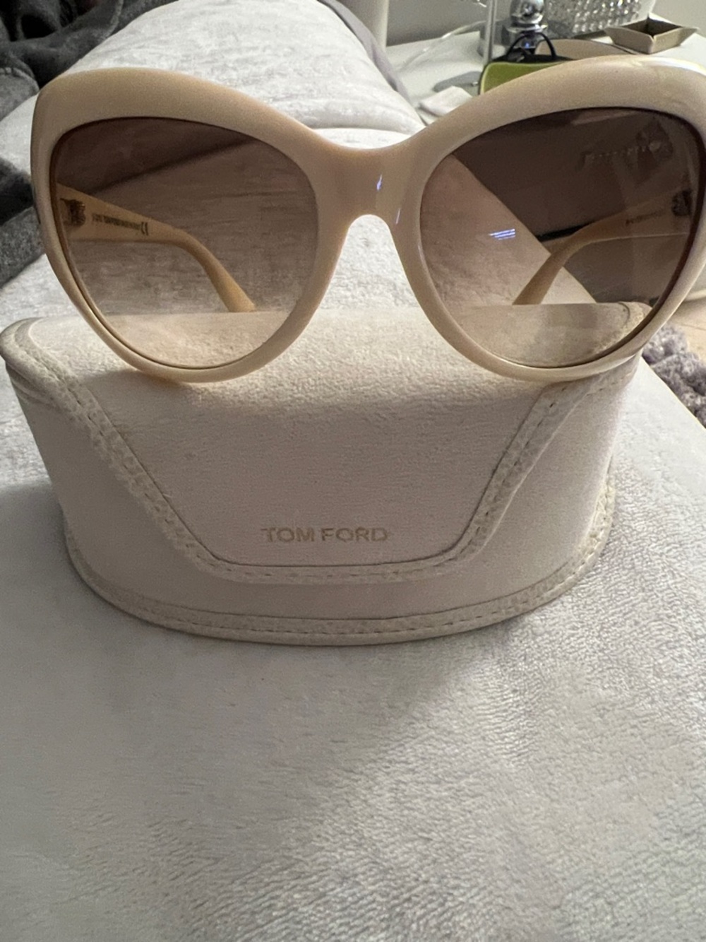 Tom Ford Cream Suede Eyewear Pouch with Gold Logo